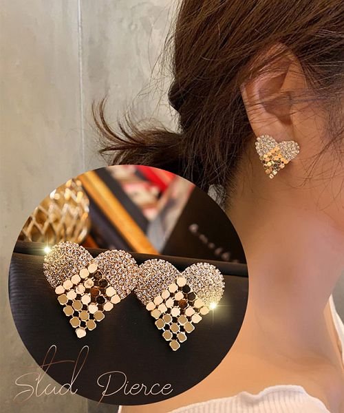 ハートモチーフ 大ぶり ピアス 大きめ スタッド ピアス 可愛い キラキラ ピアス ゴージャス アクセサリー パーティー ミニミニストア Miniministore D Fashion