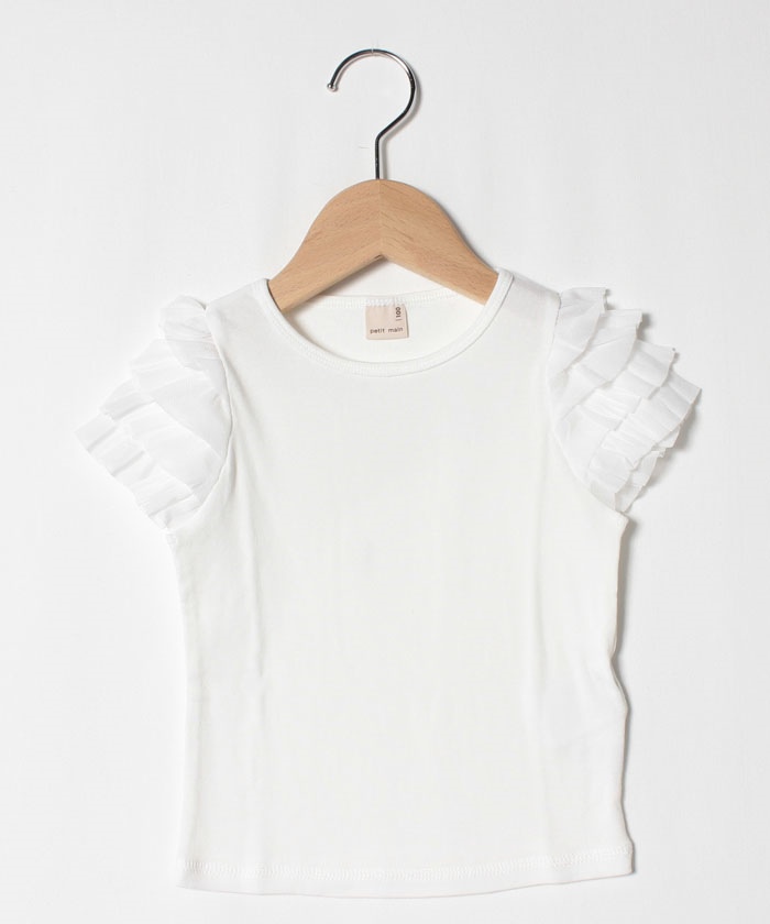 稀少サンプル品一点物 ふわふわチュール装飾ピーチピンクTシャツ イチゴチェリーフワフワモチーフキラキラシフォン袖Tシャツ(80
