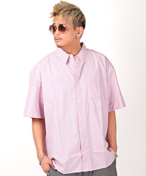 セール ストライプシャツ 半袖シャツ メンズ シャツ ビッグシルエット ストライプ 総柄 ラグスタイル Luxstyle D Fashion
