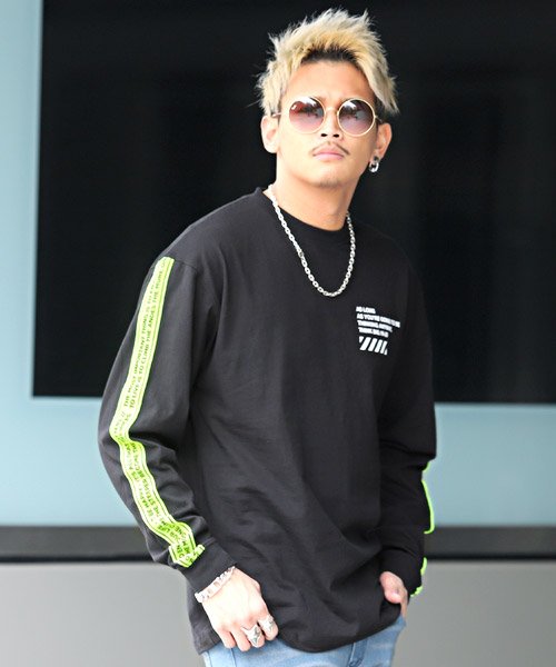 袖テープロングtシャツ ロンt メンズ 長袖tシャツ ビッグシルエット テープ ライン ラグスタイル Luxstyle D Fashion