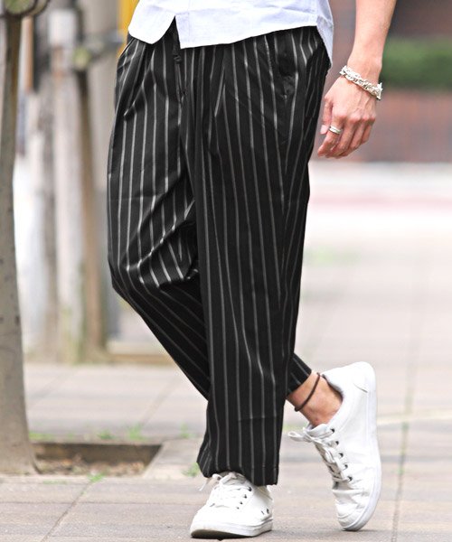 セール ストレッチワイドタックパンツ ワイドパンツ メンズ ストライプ ストレッチ ガウチョパンツ ラグスタイル Luxstyle D Fashion