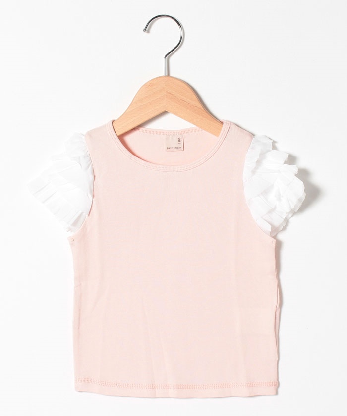 稀少サンプル品一点物 ふわふわチュール装飾ピーチピンクTシャツ イチゴチェリーフワフワモチーフキラキラシフォン袖Tシャツ(80
