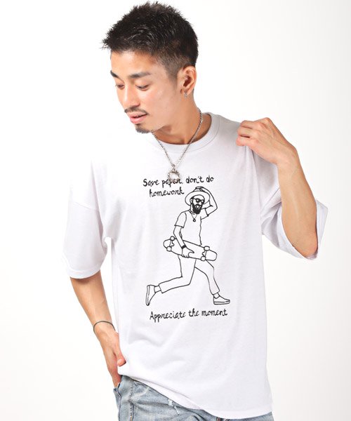 手描き風プリント半袖tシャツ Tシャツ メンズ 半袖 ビッグシルエット プリント イラスト ロゴ ラグスタイル Luxstyle D Fashion