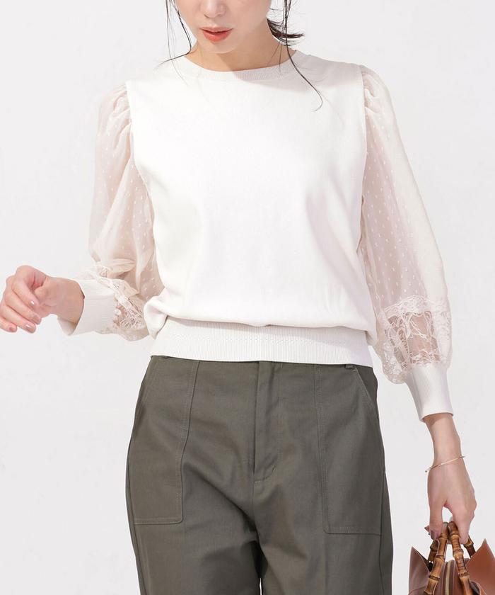 セール 70%OFF】レースシアースリーブニットトップス(503205436