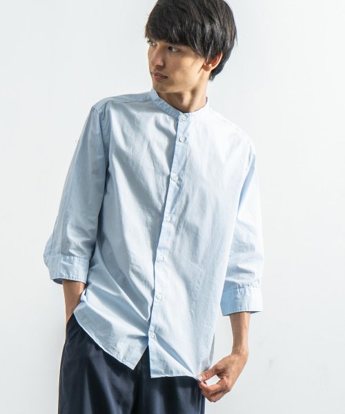 カジュアルシャツ メンズ 白シャツ 7分袖 無地 ビジネス ノーカラー スタンドカラー バンドカラー ブロード ポプリン 綿 コットン シンプル 日本製 国産 ロッキーモンロー Rocky Monroe D Fashion