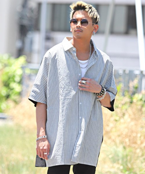 ストライプ 無地切替ビッグシャツ シャツ メンズ 半袖 5分袖 ビッグシルエット ユニセックス ラグスタイル Luxstyle D Fashion