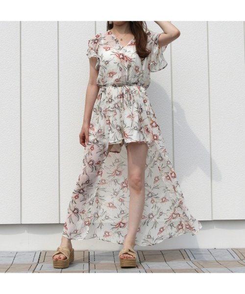セール シフォンレイヤードロンパース レディース ファッション おしゃれ ワンピース ショートパンツ つなぎ オールインワン サマーワンピース 花柄 コンビネゾン 半袖 ノンヘッジ Non Hedge D Fashion