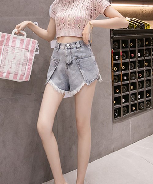 セール デニム ショートパンツ レディース 美脚 ハイウエスト ホットパンツ ボトムス 短パン 着やせ フリンジ ポケット ミニミニストア Miniministore D Fashion