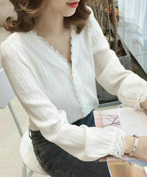 レース ブラウス レディース ノーカラー シャツ 薄手 オフィス トップス 通勤 カジュアル おしゃれ ミニミニストア Miniministore D Fashion