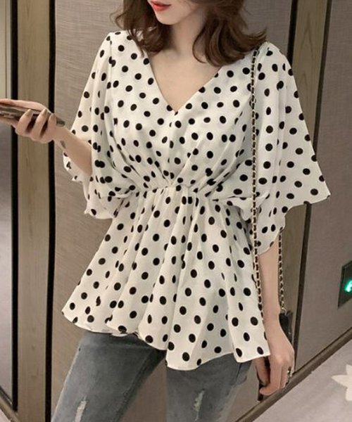 セール ドットブラウス レディース ギャザー チュニック トップス シフォン ペプラム ウエストゴム シャツ 水玉 おしゃれ ミニミニストア Miniministore D Fashion