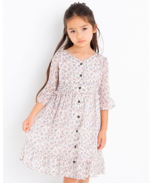 セール フラワー プリント シャーリング 袖フリル 膝下丈 ワンピース 90cm 150 ベベ Bebe D Fashion