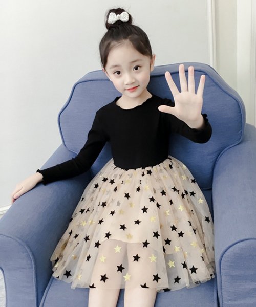 セール30 Off キッズ 長袖ワンピース 韓国子供服 女の子 ラウンドネック 星柄 ドッキング ワンピース 秋 発表会 演奏会 結婚式 ミニミニストア Miniministore D Fashion