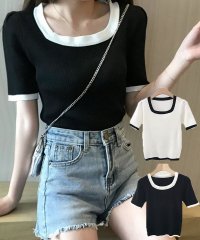 shoppinggo/ショッピングゴー shoppinggo サマーニットトップス UネックTシャツ レディース きれいめ ショート丈トップス ニットソー 半袖tシャツ 可愛い/503468583