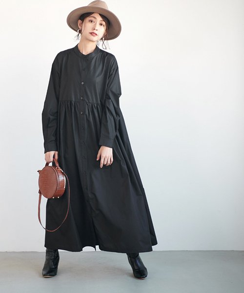 バンドカラーギャザーシャツワンピース コカ Coca D Fashion