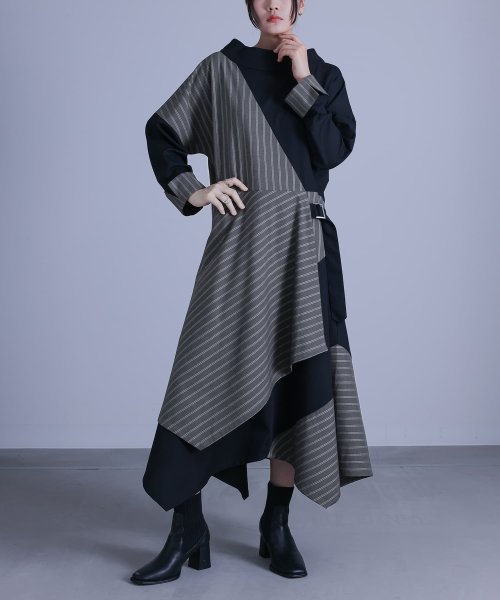 セール10 Off 無地 ストライプ切替デザインアシメワンピース オシャレウォーカー Osharewalker D Fashion