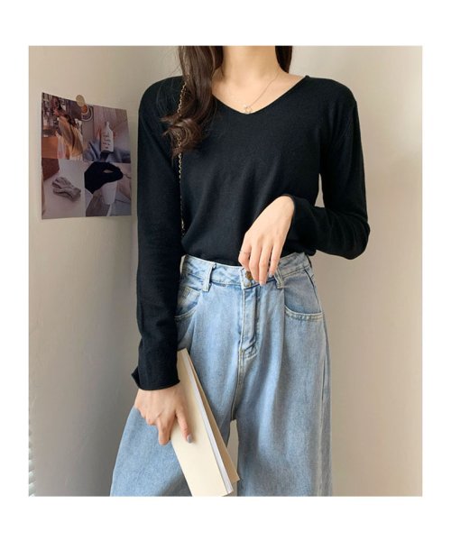 クーポン セール30 Off Vネックtシャツ カットソー レディース ベーシック 無地 インナー使い シンプル 長袖ブラック 薄手 セイヘイショップ Seiheishop D Fashion