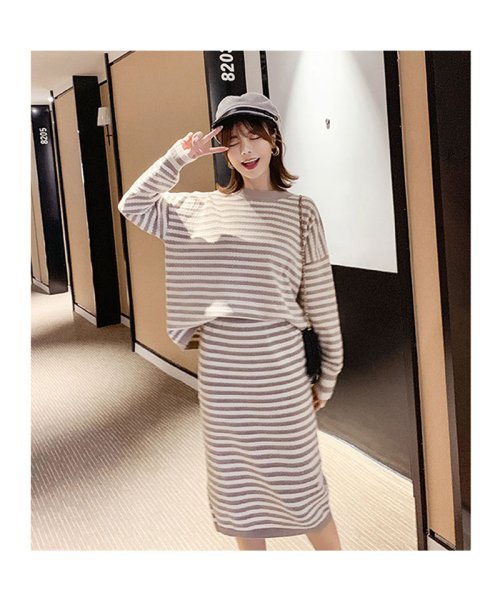 セール セットアップレディース ボーダーtシャツ スカート ニットセットアップ ハイウエスト ゆったり ニットセーター 長袖 伸びる 韓国ファッション セイヘイショップ Seiheishop D Fashion