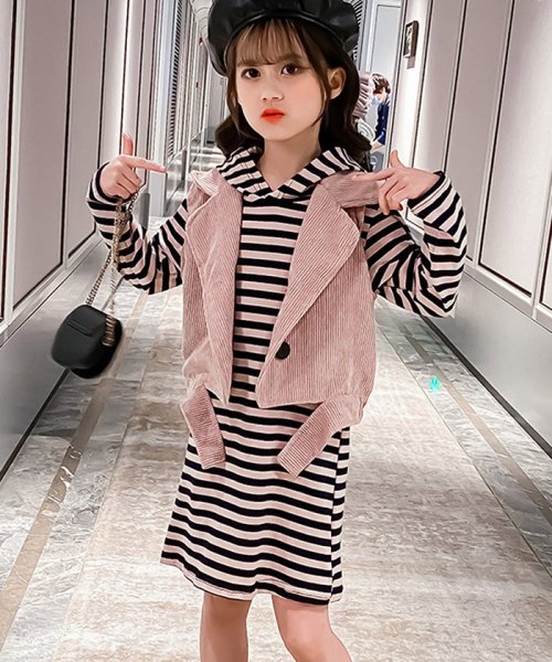 クーポン セール40 Off キッズ 子供服 女の子 ボーダー柄ワンピース ベスト 長袖 2点セット おしゃれ カジュアル 中学生 可愛い 暖かい ミニミニストア Miniministore D Fashion