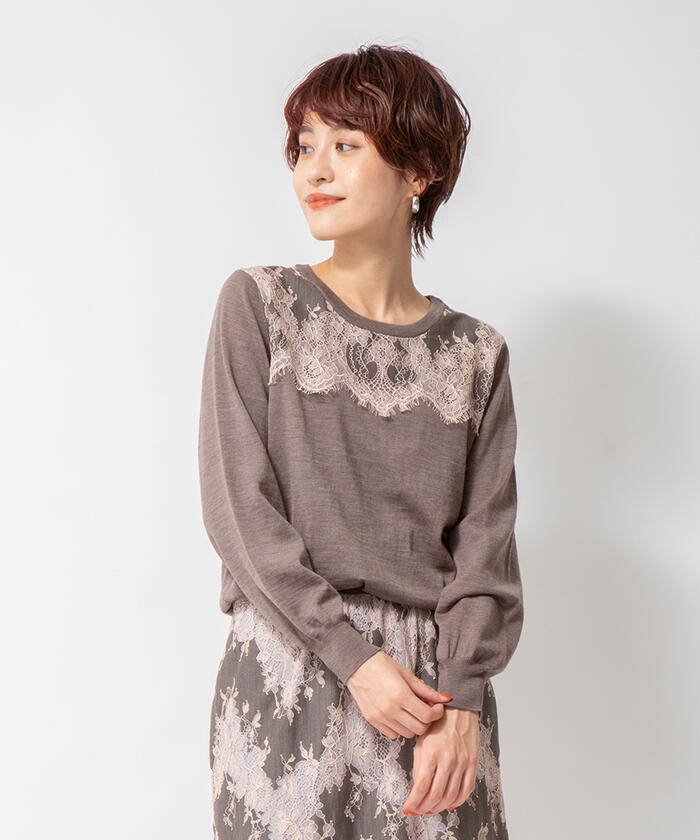 クーポン】【セール 30%OFF】レース付きプルオーバーニット