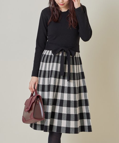 ウエストりぼん付きスカラネック切替チェック柄ニットワンピース トッコクローゼット Tocco Closet D Fashion