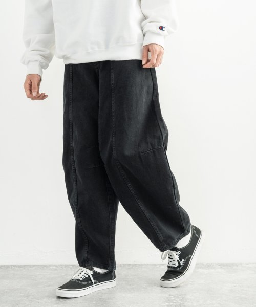 デニムパンツ メンズ ワイド ジーンズ バルーン シンプル カジュアル リラックス ゆったり テーパード 綿 コットン インディゴ 黒 ボタンフライ センターシ ロッキーモンロー Rocky Monroe D Fashion