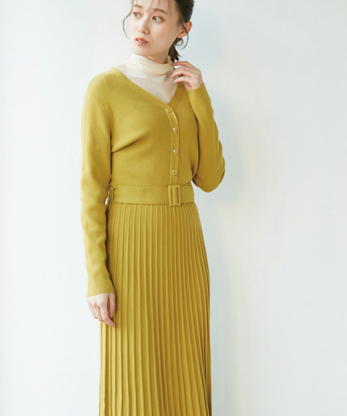 セール 30%OFF】ベルト付きプリーツニットワンピース(503674599