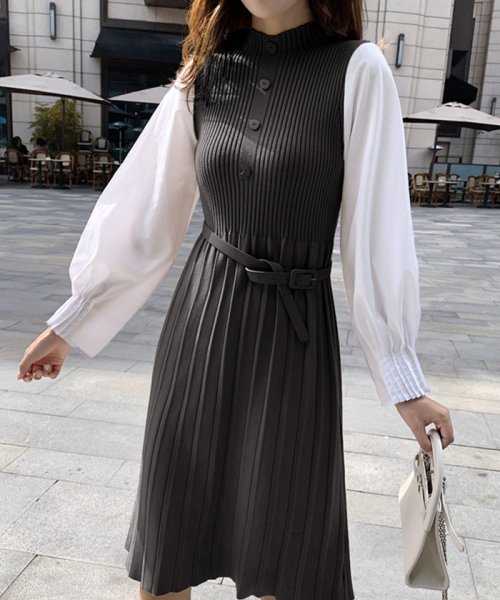 切り替え プリーツ ニット ワンピース グランディール Grandeir D Fashion 切り替え プリーツ ニット ワンピース グランディール Grandeir D Fashion