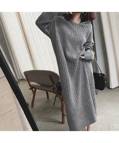 クーポン セール10 Off フード付き ニットワンピース レディース ゆったり ロングワンピース 長袖 カジュアル リブニット ワンピース 秋冬 ミニミニストア Miniministore D Fashion