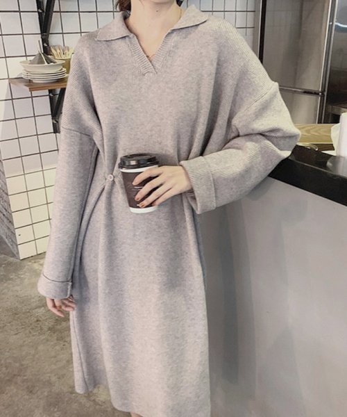 リブニットワンピース レディース ゆったり ロングワンピース 襟付き 長袖ワンピース 膝下 大人 セーターワンピース 無地 ミニミニストア Miniministore D Fashion リブニットワンピース レディース ゆったり ロングワンピース 襟付き 長袖ワンピース 膝下 大人 セーターワンピース 無地 ミニミニストア Miniministore D Fashion
