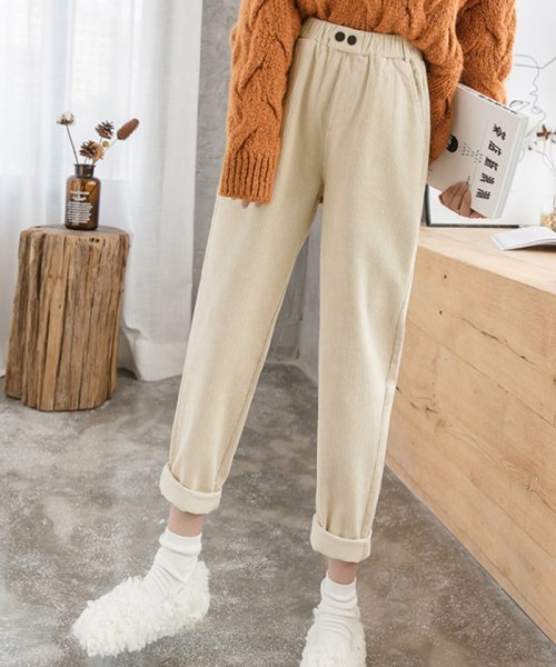 セール コーデュロイパンツ レディース ボトムス ハイウエスト テーパードパンツ ウエストゴム サルエルパンツ 秋冬 無地 暖かい ミニミニストア Miniministore D Fashion