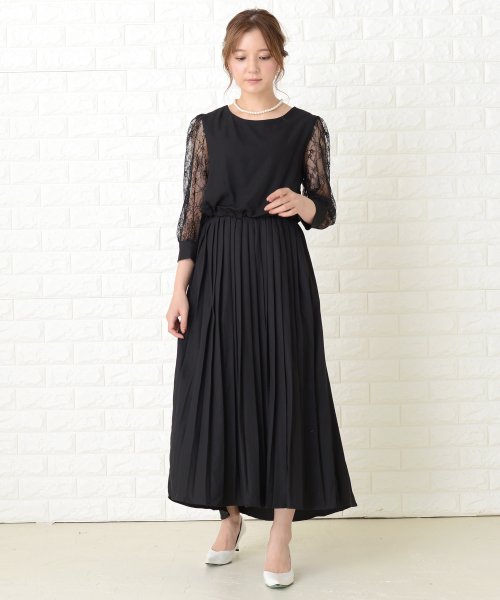 レース袖 ラウンドネック ロングプリーツワンピースドレス レースレディース Lace Ladies D Fashion レース袖 ラウンドネック ロングプリーツワンピースドレス レースレディース Lace Ladies D Fashion