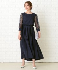 Lace Ladies/レース袖 ラウンドネック ロングプリーツワンピースドレス/503711292