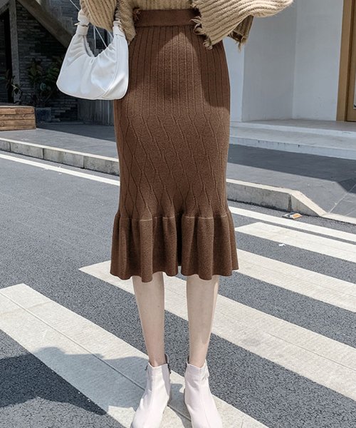 セール30 Off ニットスカート ロング 秋冬 タイトスカート 裾フリル ニット 黒 無地スカート ひざ下 ニットフレアスカート ハイウェスト ショッピングゴー Shoppinggo D Fashion