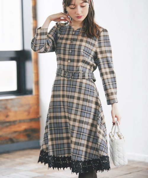 セール ベルト付き裾レース装飾ハートネックチェック柄ワンピース トッコクローゼット Tocco Closet D Fashion