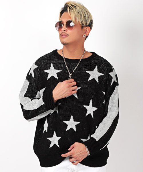 セール 星柄ニット ニット メンズ セーター 星柄 ストライプ ビッグシルエット ラグスタイル Luxstyle D Fashion