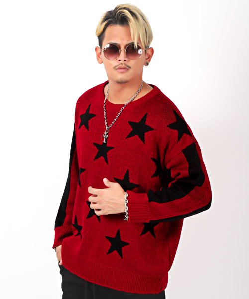セール 星柄ニット ニット メンズ セーター 星柄 ストライプ ビッグシルエット ラグスタイル Luxstyle D Fashion セール 星柄ニット ニット メンズ セーター 星柄 ストライプ ビッグシルエット ラグスタイル Luxstyle D Fashion