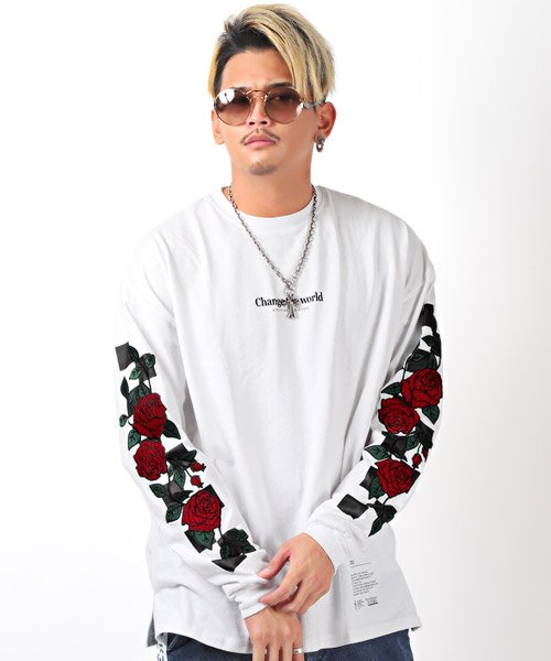 セール ヘビーウェイト袖薔薇刺繍bigロンt ロンt メンズ 長袖tシャツ ビッグシルエット 薔薇 刺繍 ラグスタイル Luxstyle D Fashion