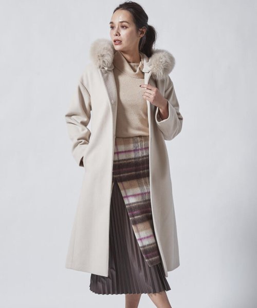 セール ラムウール混foxファーフードロングコート ビアッジョブルー Viaggio Blu D Fashion