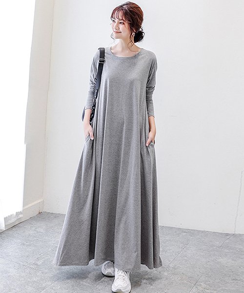 セール30 Off マキシ丈フレアワンピース 長袖 妊婦 ゆったり シンプル ロング 大きいサイズ レディース 春 秋 冬 アミュレット Amulet D Fashion