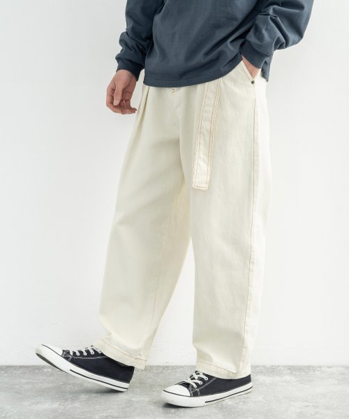セール ワイドパンツ メンズ デニム ジーンズ カジュアル ワーク 無地 ルーズ シンプル 綿 コットン テーパード インディゴ タック ステッチ ベルト付き 97 ロッキーモンロー Rocky Monroe D Fashion