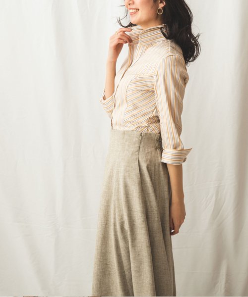 セール 50%OFF】SCAMPIAストライプスタンドカラー七分袖シャツ(503816165) ナラカミーチェ(NARA CAMICIE) d fashion ナチュラルビューティーベーシック 七分袖カットソー