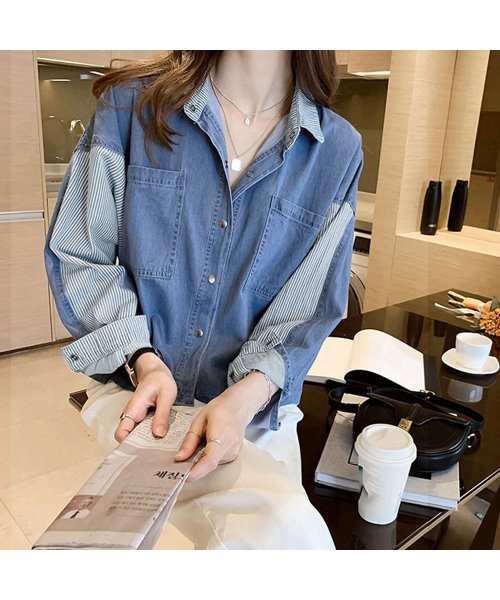 セール Off デニム風シャツ レディース 異素材切替 シャツブラウス カジュアル 長袖シャツ 春服 胸ポケット トップス 羽織り おしゃれ ミニミニストア Miniministore D Fashion