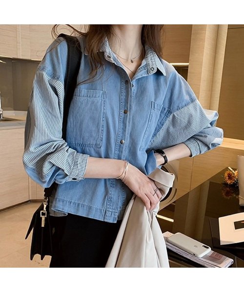 セール Off デニム風シャツ レディース 異素材切替 シャツブラウス カジュアル 長袖シャツ 春服 胸ポケット トップス 羽織り おしゃれ ミニミニストア Miniministore D Fashion