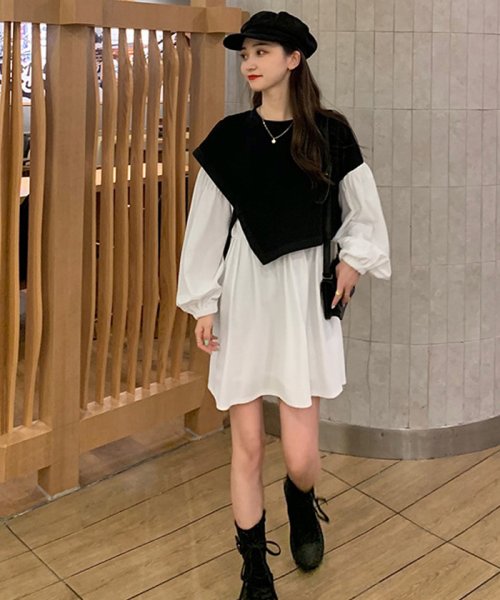 セール シャツワンピース レディース ベストレイヤード風 おしゃれ 長袖ワンピース 白 アシンメトリー チュニックワンピ きれいめ ミニミニストア Miniministore D Fashion