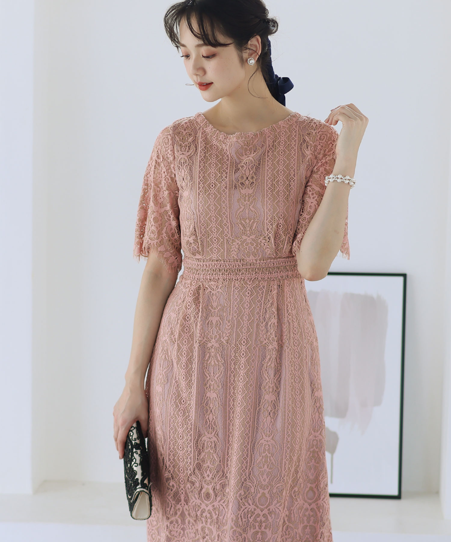 セール】フラワースカラップドレス ロングスカート/結婚式ワンピース