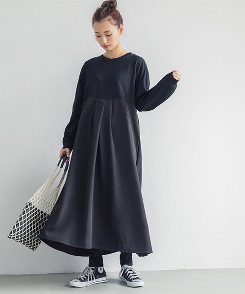 ハイウエスト異素材切り替えワンピース コカ Coca D Fashion