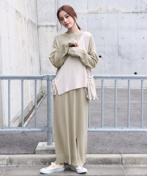 ワンショルベスト付きレイヤードニットワンピース セットアップ ブルーイースト Blueeast D Fashion ワンショルベスト付きレイヤードニットワンピース セットアップ ブルーイースト Blueeast D Fashion