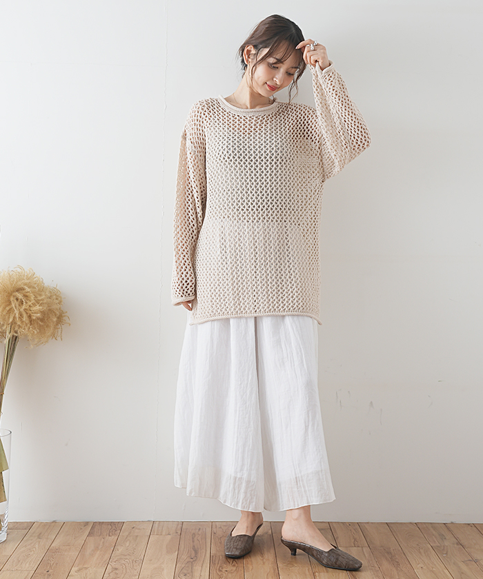 ニット チュニック 透かし編み トップス レイヤード/ メッシュ