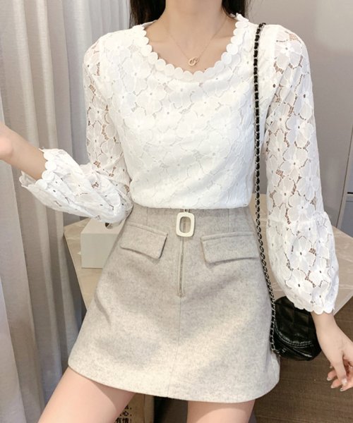 クルーネック 花柄 レース トップス グランディール Grandeir D Fashion
