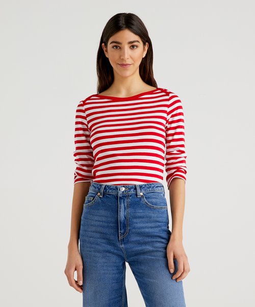 セール59 Off ボートネック7分袖ボーダーtシャツ カットソー ベネトン レディース Benetton Women D Fashion
